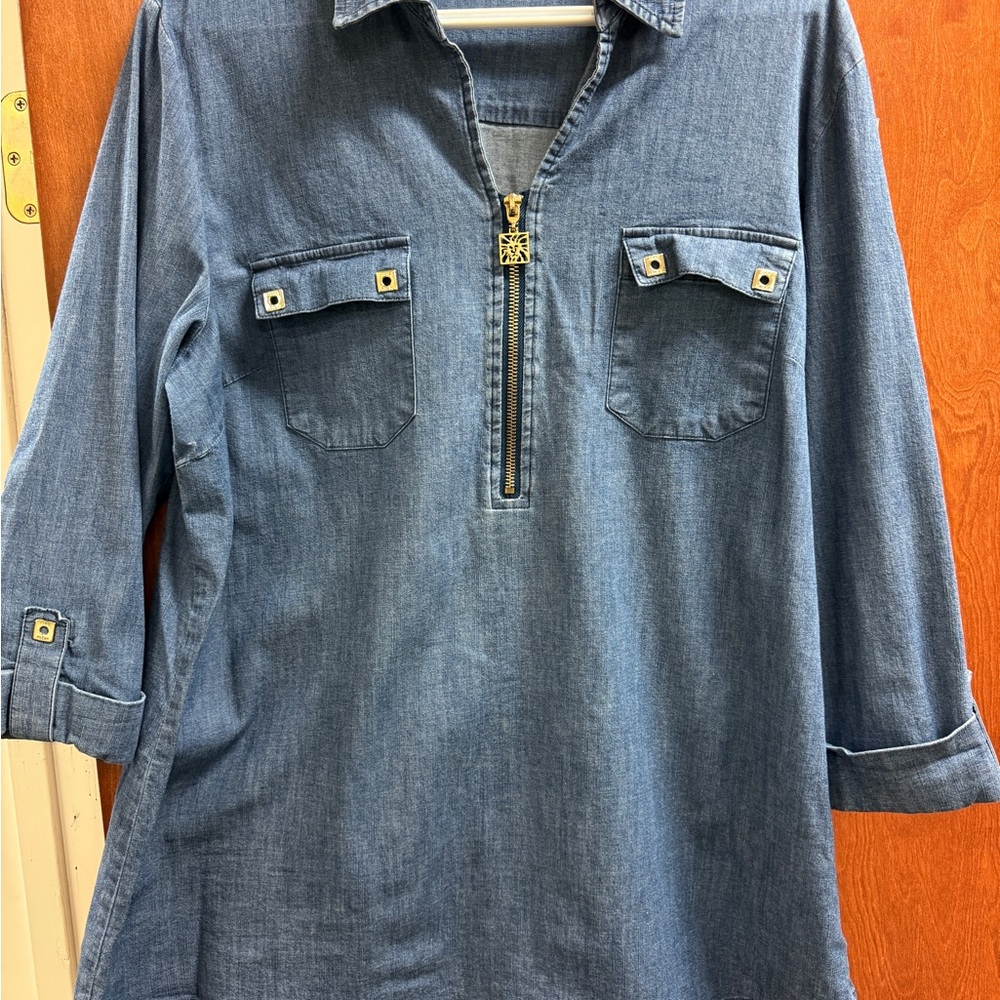 Anne Klein V-neck Denim Quarter-Zip Tunic Top